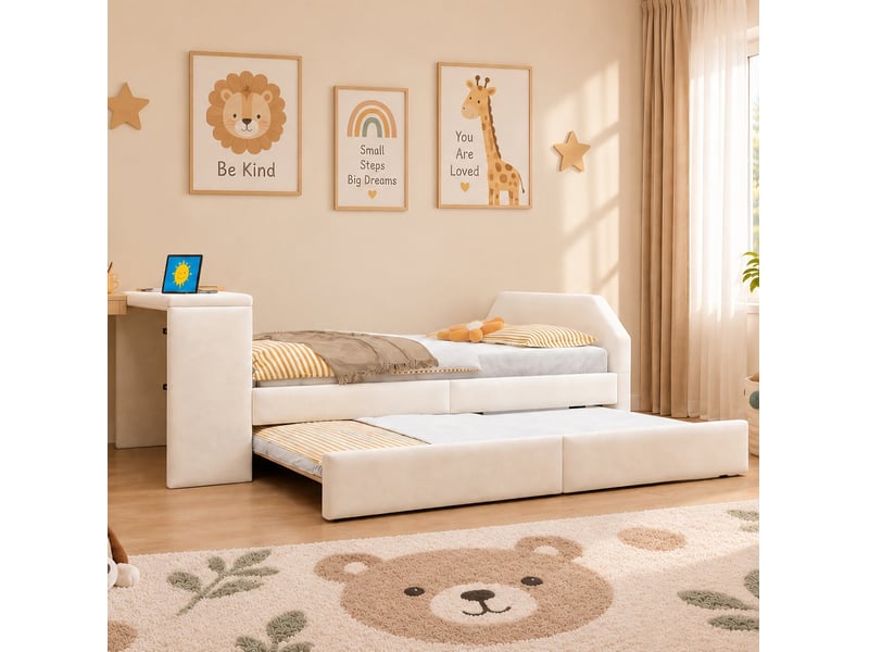  Lit enfant 90x200 cm avec bureau, port usb et lit gigogne mdf beige sans matelas  - Conforama E