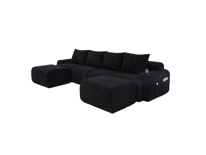  Canapé modulable 4 places 333x174x80 cm avec 2 poufs coloris noir  - Conforama A