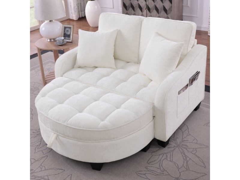  Canapé-lit 2-en-1 avec ottomane de rangement - tissu respirant, bois d'eucalyptus écoresponsable, beige  - Conforama B