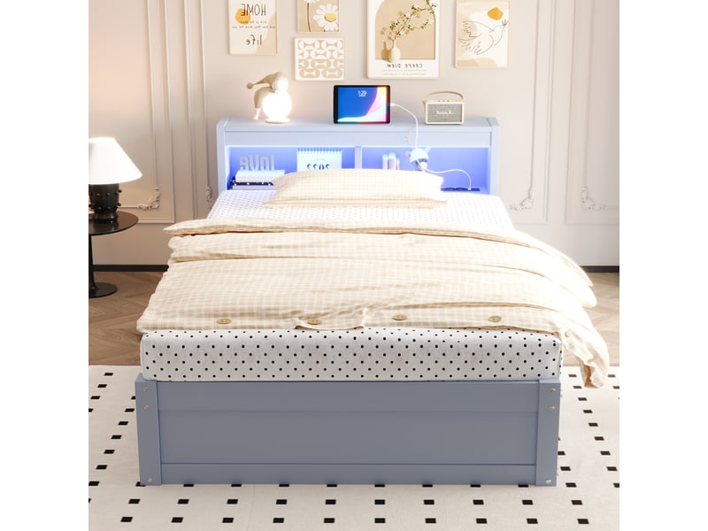  Canapé-lit 90x200 cm, lit enfant, couchage d'appoint, rangement hydraulique, led, bois gris, prise intégrée  - Conforama D