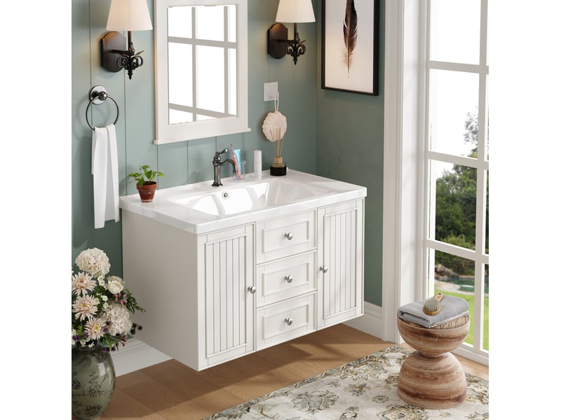  Meuble sous vasque suspendu avec 3 tiroirs, placard et vasque en céramique pour salle de bain blanc 78,5 × 46 × 46,8 cm  - Conforama C