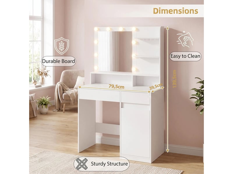  Coiffeuse blanche grande capacité avec éclairage et miroir, table de maquillage multifonctionnelle  - Conforama C