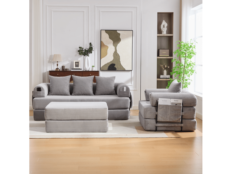  Canapé modulable 4 places en velours côtelé gris clair avec pouf, poche latérale et cadre métal  - Conforama E