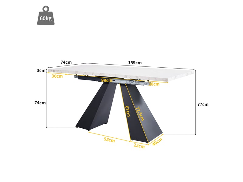  Table extensible (99)159×74x77cm, pieds en colonne, surface à motif marbre (non en marbre), mdf, métal, blanc et noir  - Conforama D