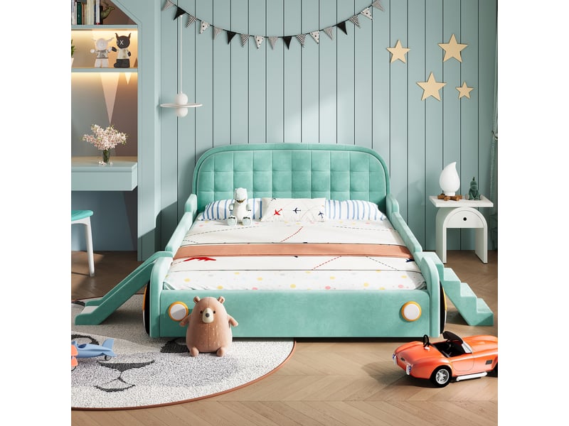 Lit voiture 140x200 cm, lit enfant, escalier, toboggan, barrière antichute, velours bleu-vert  - Conforama D