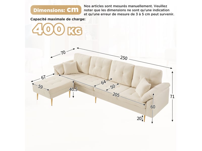  Canapé droit 4 places avec pouf modulable en angle, assise rembourrée et pieds hauts en fer, velours côtelé beige clair  - Conforama D