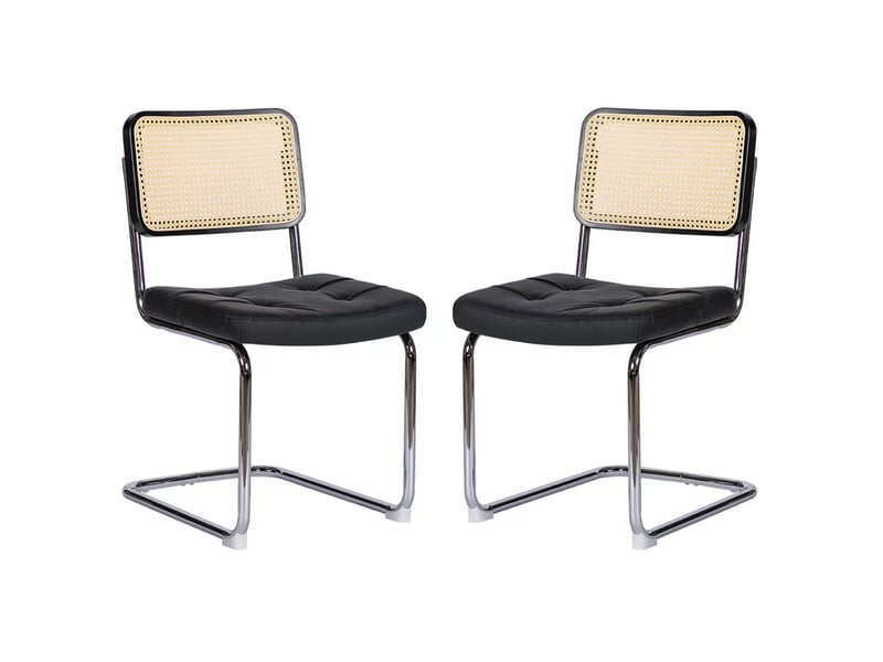 Lot de 2 chaises de salle à manger en similicuir noir avec piètement chromé et dossier en rotin  - Conforama A
