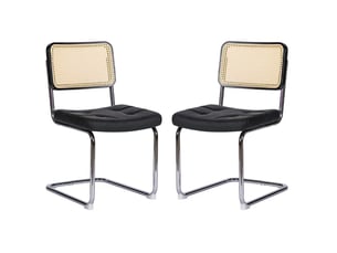 Lot de 2 chaises de salle à manger en similicuir noir avec piètement chromé et dossier en rotin