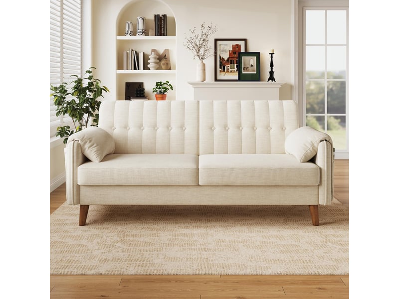  Canapé 2 places - 161.5x79x83.5cm - canapé droit en chenille avec poches latérales et pieds en bois massif 18cm - beige  - Conforama D