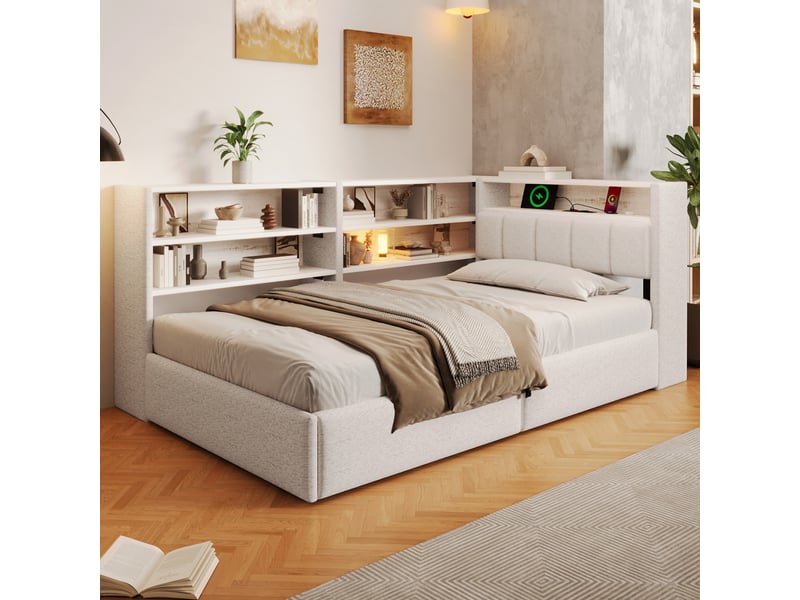  Canapé-lit coffre 90 x 200 cm - avec prise électrique - avec port usb + bande lumineuse led - tissu velours - blanc (matelas non inclus)  - Conforama E