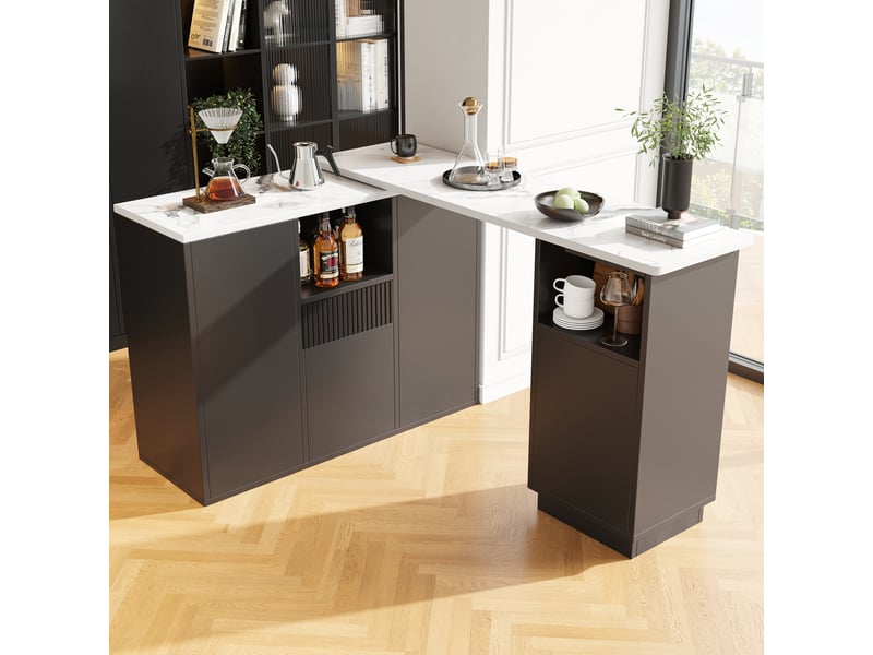  Table de bar pivotante à 360° avec plateau texture marbre, design moderne et épuré noir, îlot de cuisine modulable en l, 210x30x100.9 cm  - Conforama W
