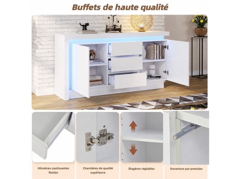  Buffet blanc brillant avec led 2 portes 3 tiroirs 140 cm  - Conforama D