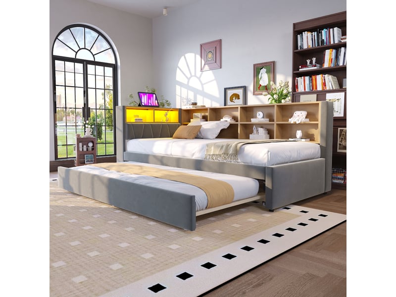  Lit gigogne 90 × 200 cm usb et usb-c, rangements en flanelle - gris foncé C-CRAFTLINK - Conforama B