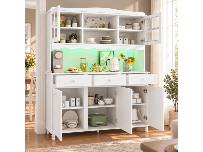 Buffet de cuisine modenvie 135 x 40 x 185 cm avec rangements, prises, usb et led colorée blanc - Conforama B