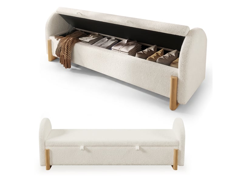  Banc de lit coffre 186 cm bouclette blanc avec rangement hydraulique et pieds en bois  - Conforama A