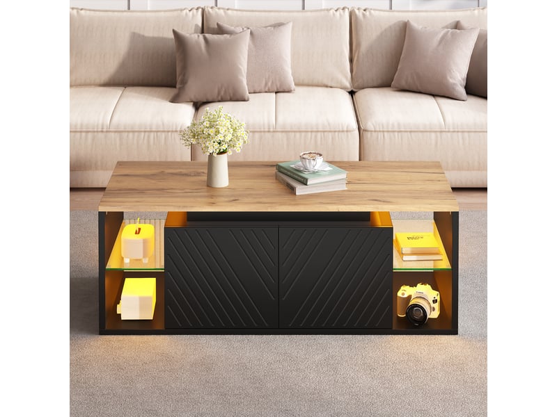  Table basse 100x50x41 cm avec led via appli, 2 portes, rangements semi-ouverts, façades à motif diagonal, noir et effet bois, pour salon  - Conforama C