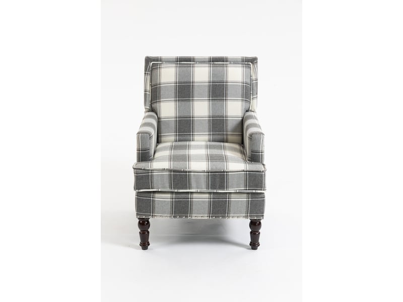  Fauteuil de salon vintage 69x69x89cm - fauteuil cabriolet rembourré en tissu de lin avec finition clous tapissier - gris et blanc  - Conforama A