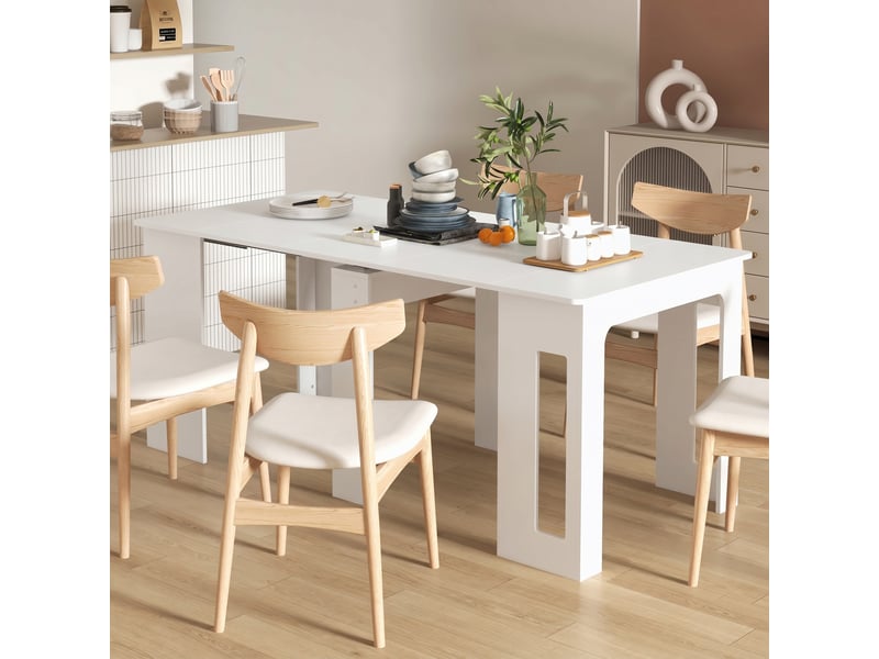  Table à manger pliante, table pliante cuisine extensible jusqu'à 6 personnes, pour petits espaces, salle à manger, blanc  - Conforama C
