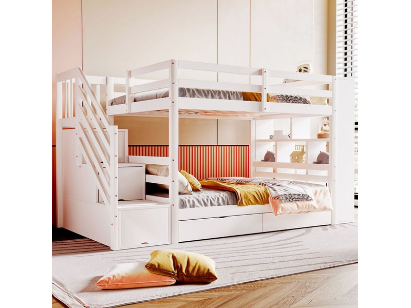  Lit superposé enfant 90 x 200 cm avec escalier de sécurité et rangements blanc  - Conforama D