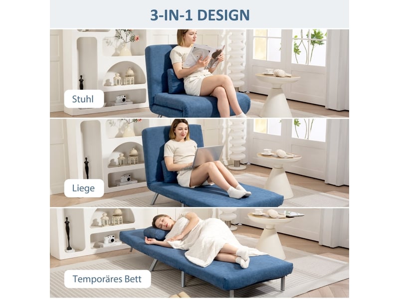  Fauteuil convertible 2 en 1 bleu, dossier 5 positions, couchage 190 cm et coussin, siège sans accoudoirs pour salon et bureau  - Conforama D