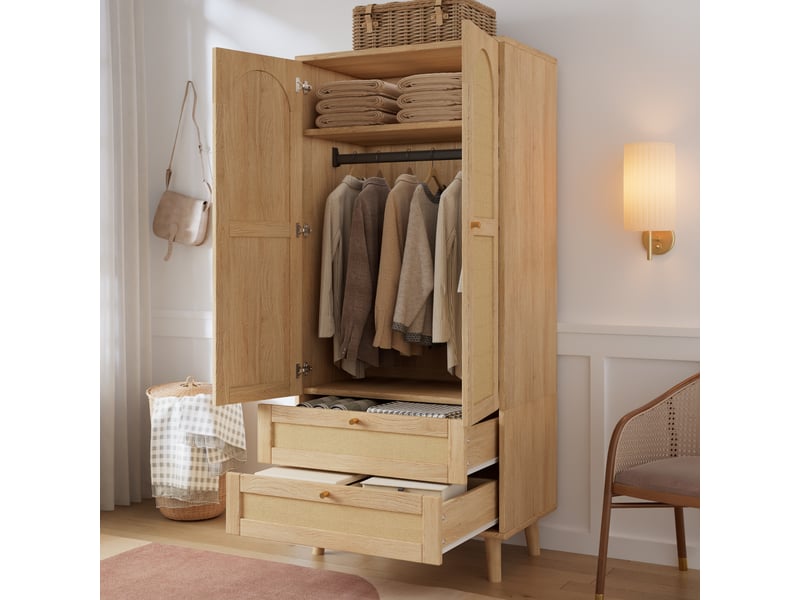  Armoire penderie 80x50x180 cm - 2 tiroirs - étagères - portes effet cannage - style bohème - mdf - naturel CozyNest - Conforama C