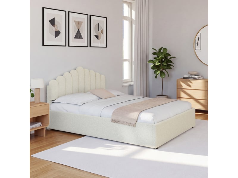  Lit coffre double noelie avec tête de lit et sommier 140 x 190 cm tissu bouclette blanc  - Conforama C
