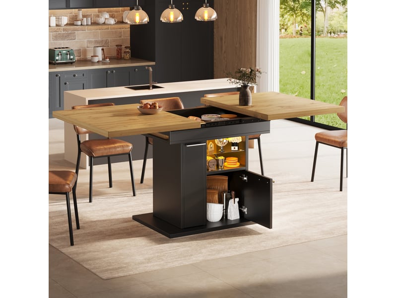  Table extensible 4 à 6 personnes avec rangement, étagères en verre et led pour repas, noire, 110 à 140 × 80 × 77,2 cm  - Conforama C
