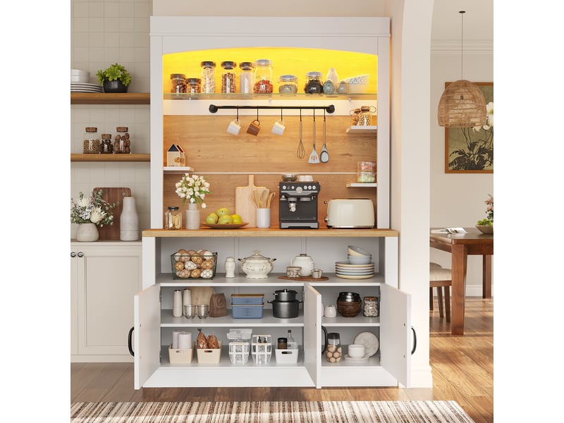  Buffet haut de cuisine 101,5 x 40 x 174 cm avec plan de travail, led rgb app, 6 crochets, étagères réglables et tablettes latérales blanches  - Conforama C