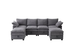 Canapé d'angle modulable 6 places en velours côtelé gris avec rangement, usb et porte-gobelets pour salon