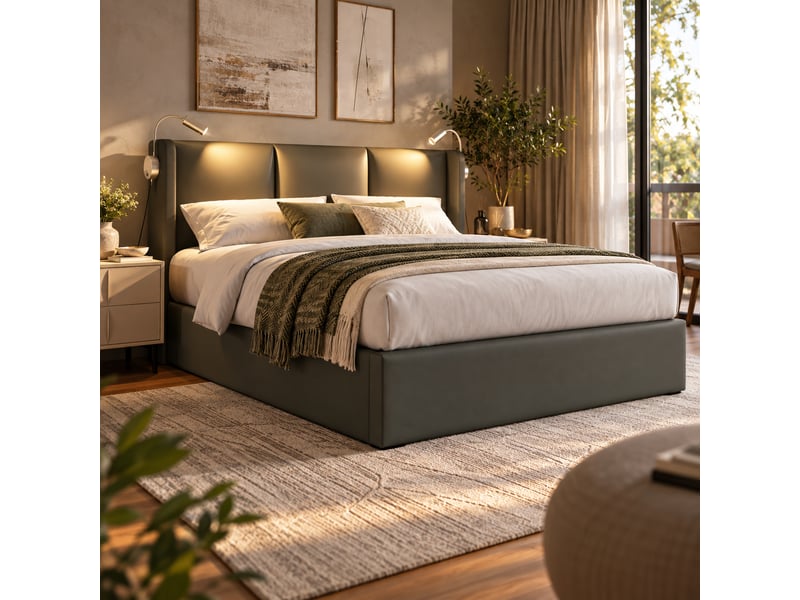  Lit double rembourré 140x200 cm avec coffre de rangement, tête de lit avec liseuse et usb, sommier à lattes, revêtement pu, sans matelas IKSETERA TRADING LTD - Conforama B