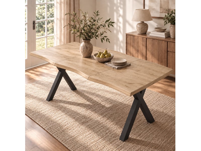  Table à manger 160x78x77 cm plateau ondulé, pieds en x en métal, en mdf couleur bois clair et noir  - Conforama E