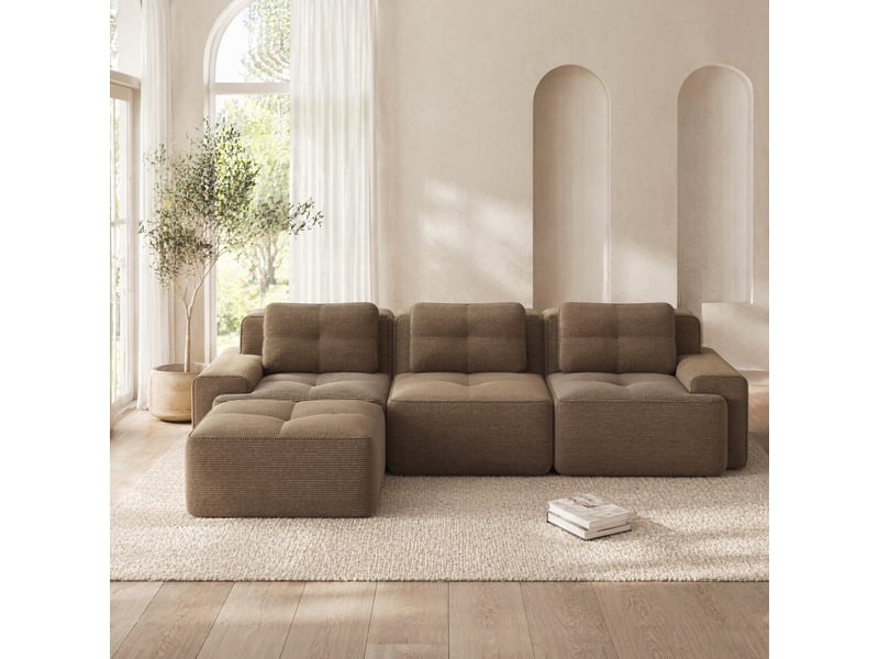  Canapé modulable d'angle 3 places avec ottomane en velours côtelé marron  - Conforama B