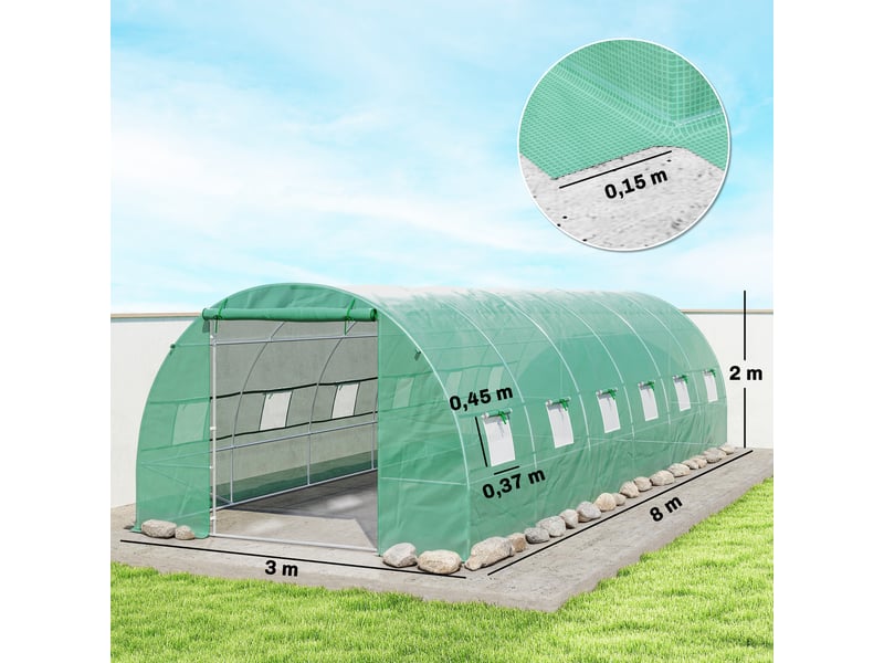  Serre tunnel de jardin 8 x 3 x 2 m avec 12 fenêtres et porte enroulable, acier et polyéthylène 140 gm², vert  - Conforama E
