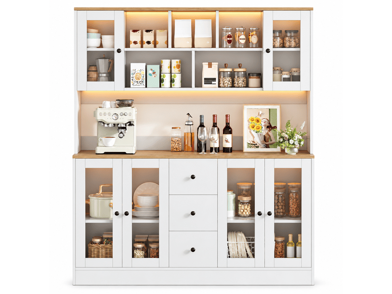  Buffet haut de cuisine 150x40x173 cm avec led rgb, 2 prises et 2 usb, 6 portes acrylique, 3 tiroirs, étagères réglables, blanc et bois naturel  - Conforama A