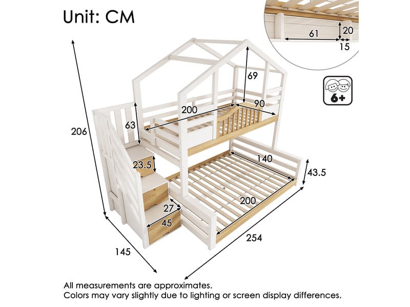  Lit superposé en forme de maison, lit supérieur 90 × 200 cm, lit inférieur 140 × 200 cm ; équipé d’un escalier de rangement et d’étagères, adapté aux familles nombreuses, blanche  - Conforama W