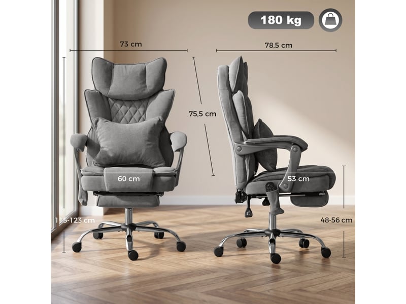  Fauteuil de massage - fauteuil de bureau avec fonction massage et chauffage, supportant jusqu'à 180 kg, réglable, aspect lin, gris  - Conforama D