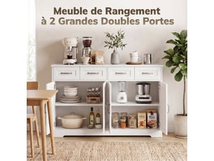 Buffet cuisine avec tiroirs, portes, étagères réglables, style shaker, dispositif anti-basculement, blanc, 140x38x80cm