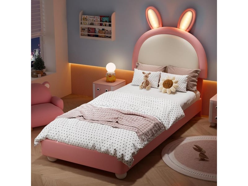  Lit capitonné enfant 90x200 cm en pu, avec tête de lit lapin, led et bordure anti-choc rembourrée, sans matelas, rose et blanc  - Conforama E