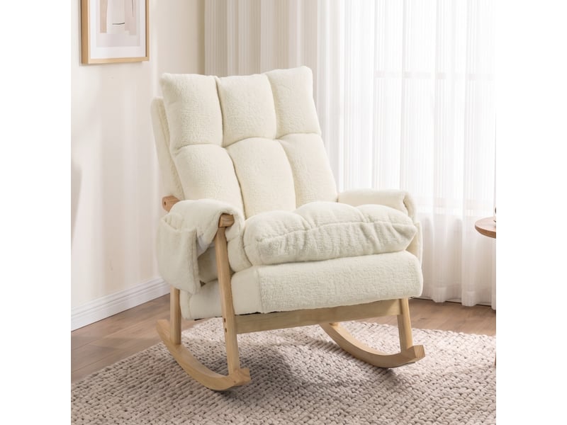 Fauteuil à bascule avec poches latérales, revêtement en flanelle et pieds en bois d'hévéa, blanc crème - Conforama C