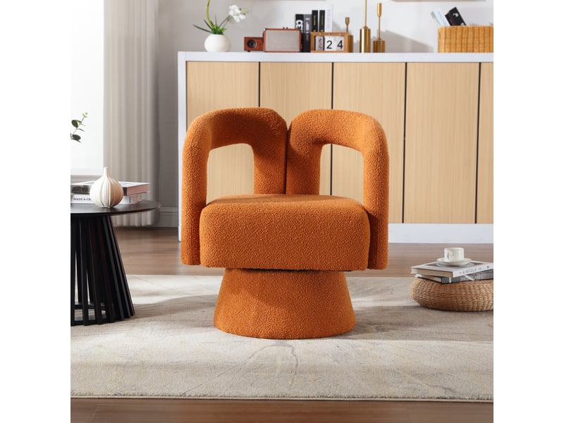  Fauteuil crapaud pivotant 360° 67x55x74cm – fauteuil tonneau lounge au design évidé avec socle en métal – tissu bouclé - orange  - Conforama D