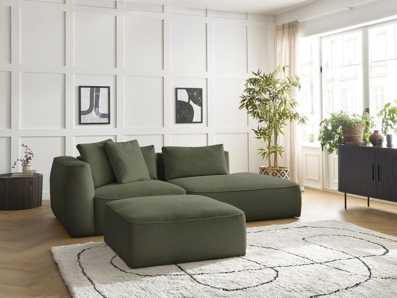  Bobochic canapé droit fixe 3 places leopold velours côtelé avec pouf vert clair  accoudoir gauche LEOPOLD - Conforama D