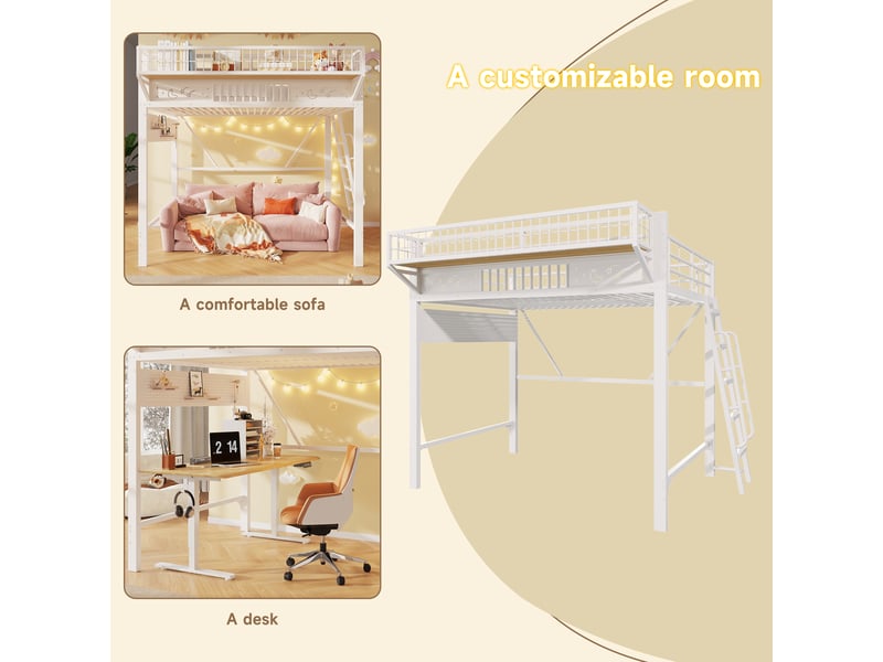  Lit mezzanine, 140 × 200 cm, blanc, métal, étagères, espace ouvert dessous, sans matelas, dimensions 235 × 169 × 188 cm  - Conforama C