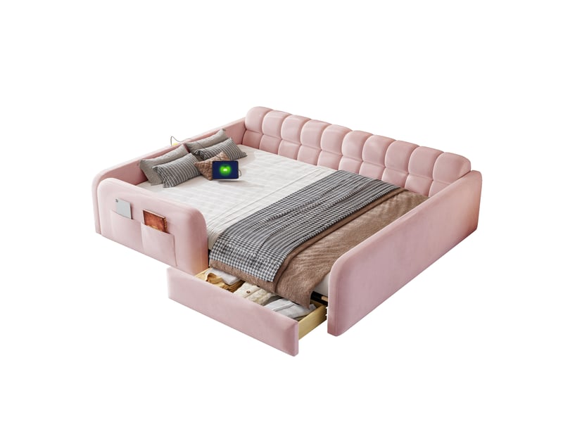  Lit enfant rembourré - 140x200 cm - barrières de sécurité - tiroirs de rangement - éclairage led - prise de charge - velours - rose CozyNest - Conforama A
