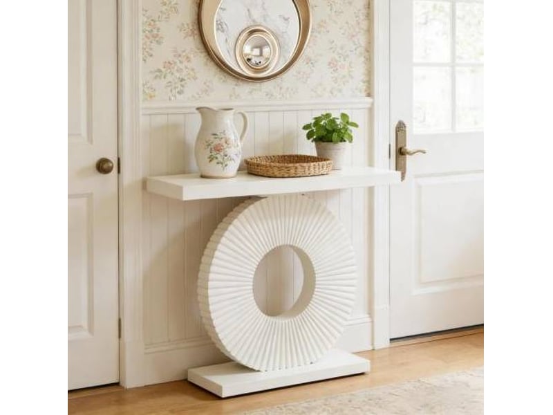  Table console 100 x 30 x 79 cm blanche en mdf et métal, structure géométrique pour entrée et salon  - Conforama E