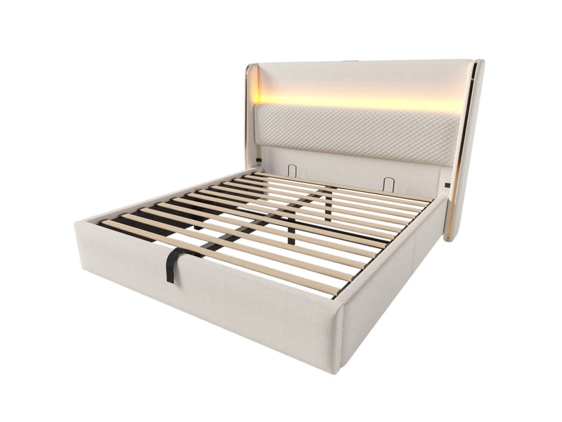  Lit coffre double 160 × 200 cm, éclairage led réglable, usb et type c, matelas inclus, tissu beige  - Conforama E
