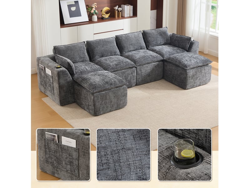 Canapé modulable 4 places modenvie avec 2 poufs, coussins, porte-gobelets, poches latérales, assise en mousse et ressorts, chenille gris foncé 322 x 161 x 75 cm - Conforama D