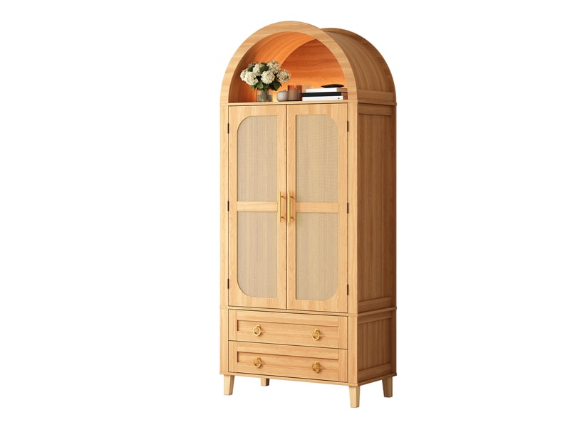  Buffet haut 76x40x179,5 cm avec niche ouverte en arc, éclairage led, 2 portes décor rotin et 2 tiroirs, mdf, naturel  - Conforama A