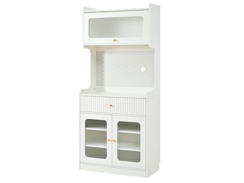  Buffet de cuisine étagères réglables tiroirs éclairage led verre strié blanc  - Conforama A
