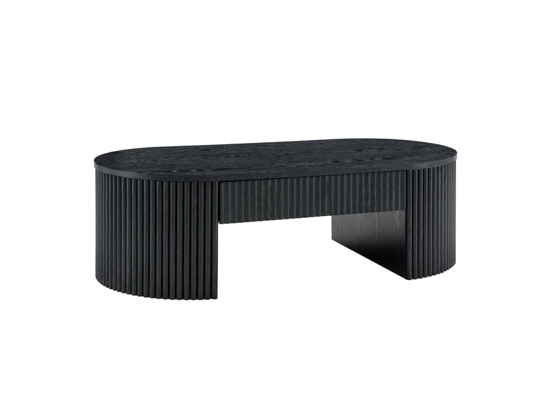  Table basse ovale avec 1 tiroir et espace ouvert, finition effet bois noir nervuré, en mdf, 118 × 65 × 17 cm  - Conforama A