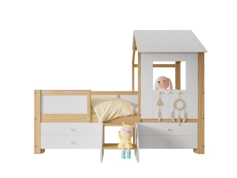  Lit cabane enfant 90x200 cm en pin blanc et naturel avec rangements et échelle  - Conforama A